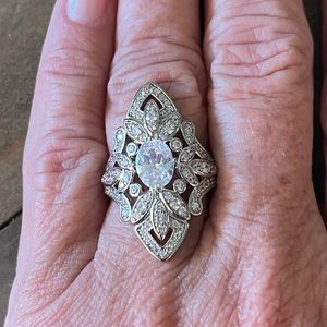 Antique Vintage Inspired Cubic Zirconia, Crystal Statement Silver Cocktail Ring